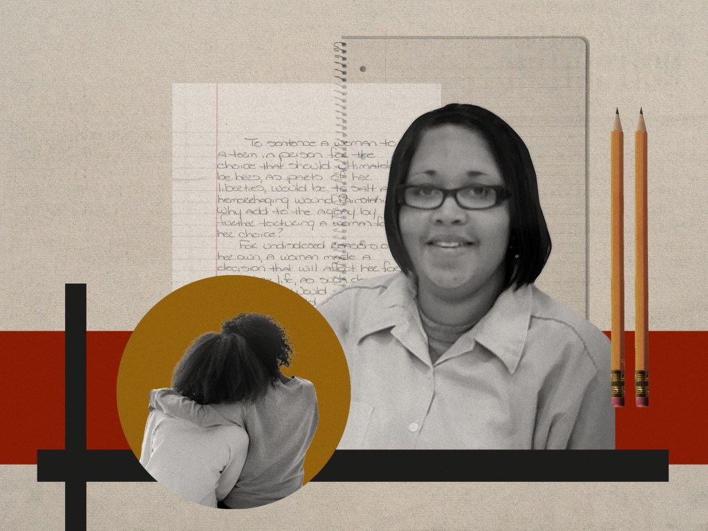Photo collage of writer with handwritten essay, notebook and pencils